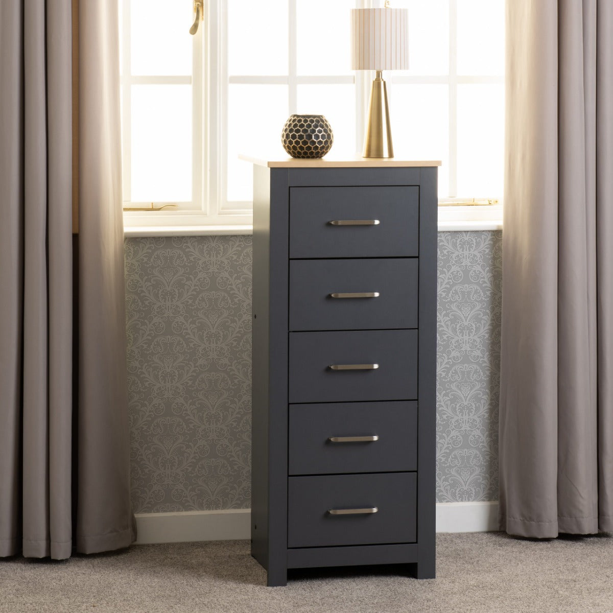 Portland 5 Drawer Narrow Chest Grey/Oak Effect