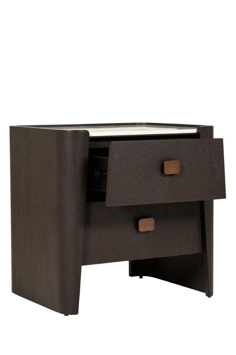 Rhodes 2 Drawer Bedside Table in Ebony – Luxury Bedside Table with Sintered Stone Top and Copper Handles