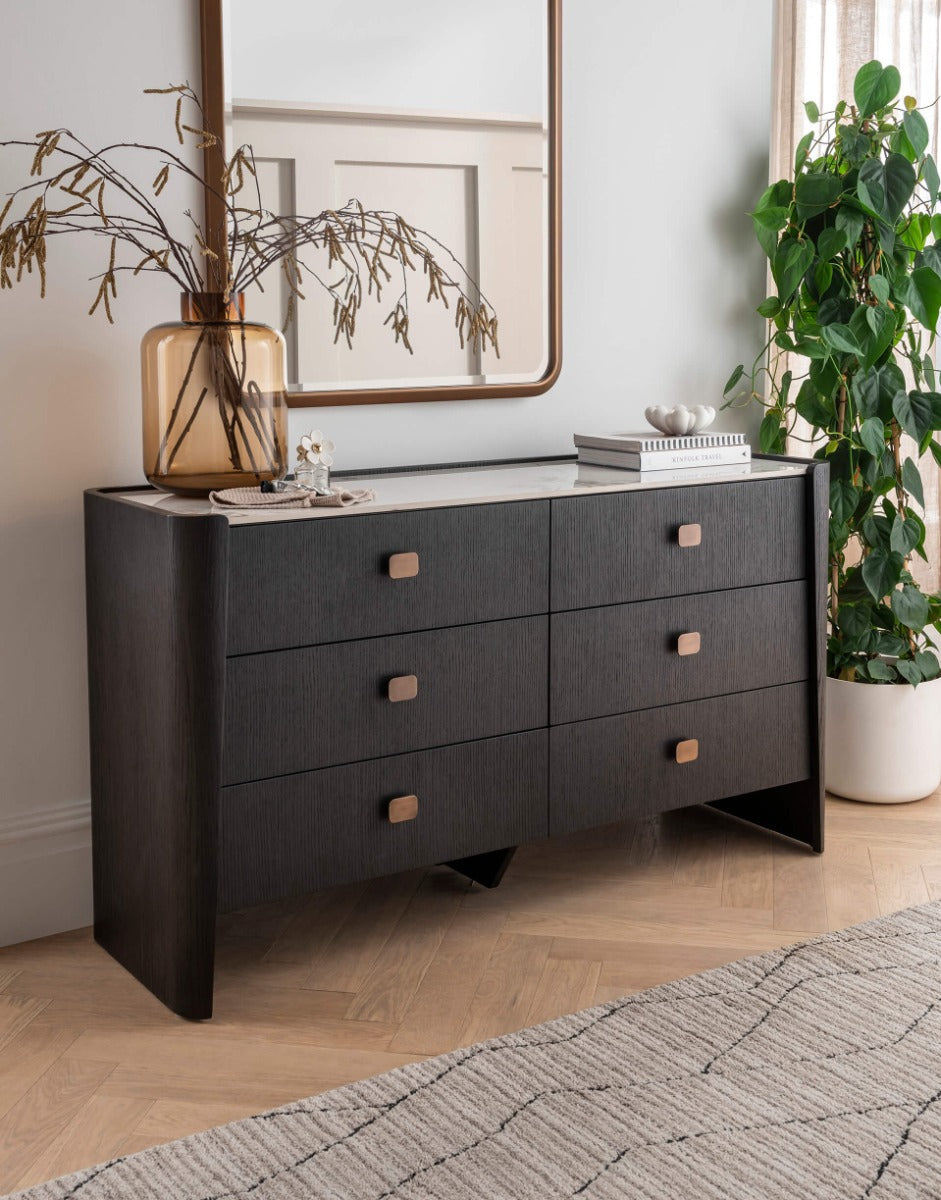 Rhodes 6 Drawer Chest of Drawers in Ebony – Luxury Dressing Chest with Sintered Stone Top and Copper Handles