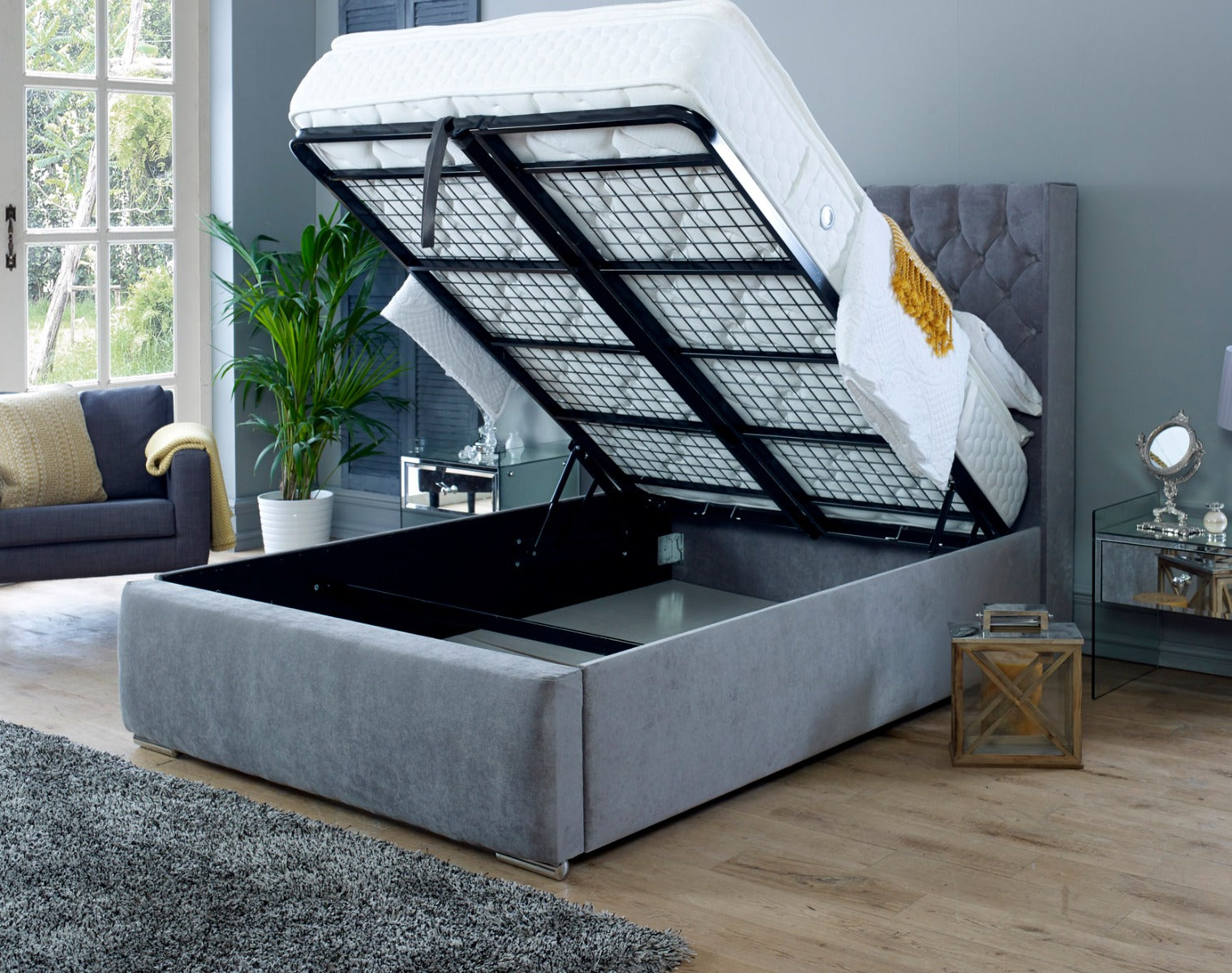 Rosalyn Velvet Bedframe – Upholstered in Naples Fabric with Optional Ottoman Storage