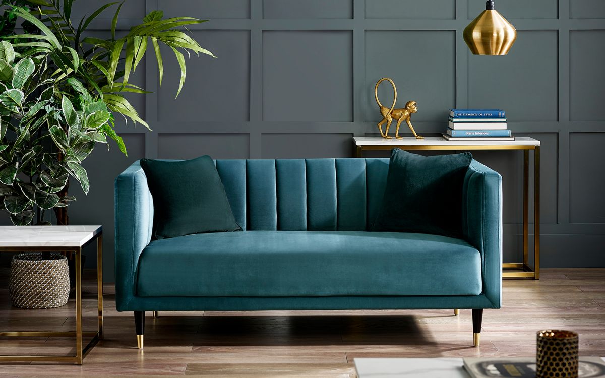 Salma Scalloped Back 2 Seater - Teal | Elegant Velvet Sofa with Brass Tip Legs