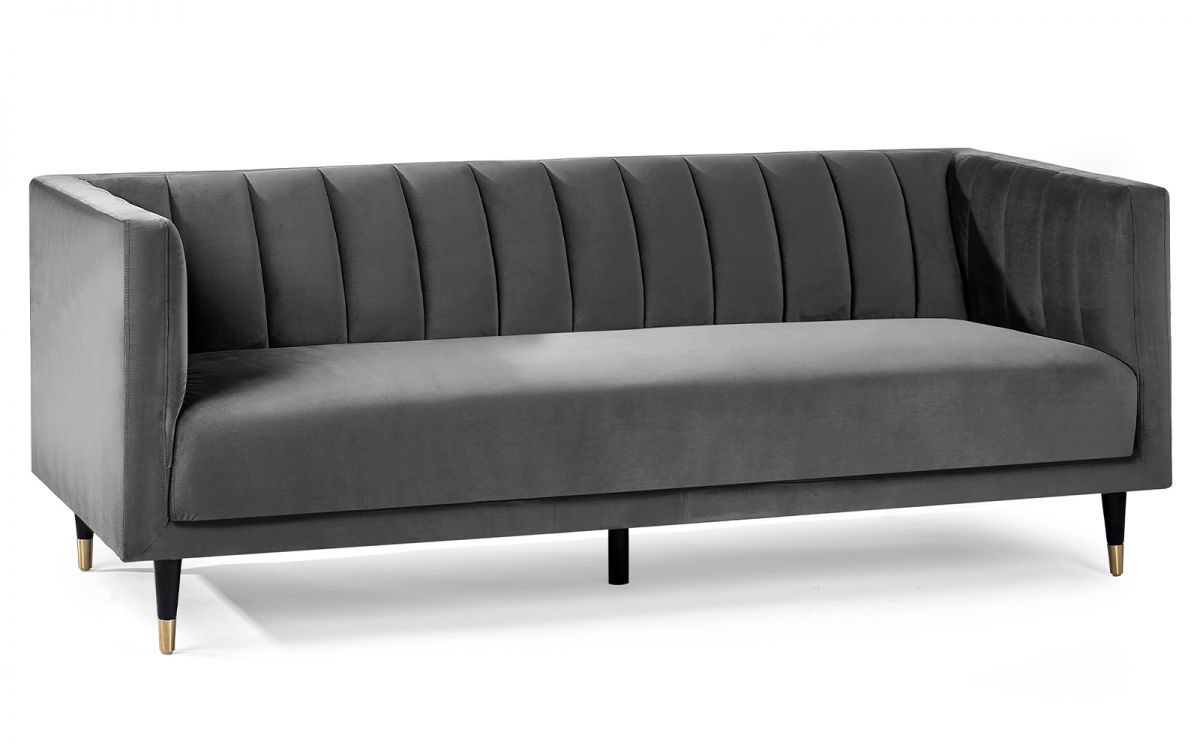 Salma Scalloped Back 3 Seater - Grey | Elegant Velvet Sofa with Brass Tip Legs