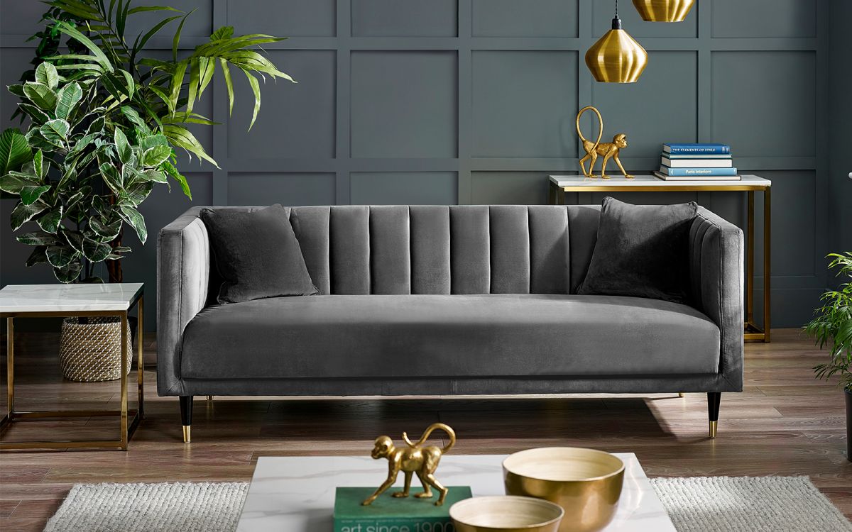 Salma Scalloped Back 3 Seater - Grey | Elegant Velvet Sofa with Brass Tip Legs