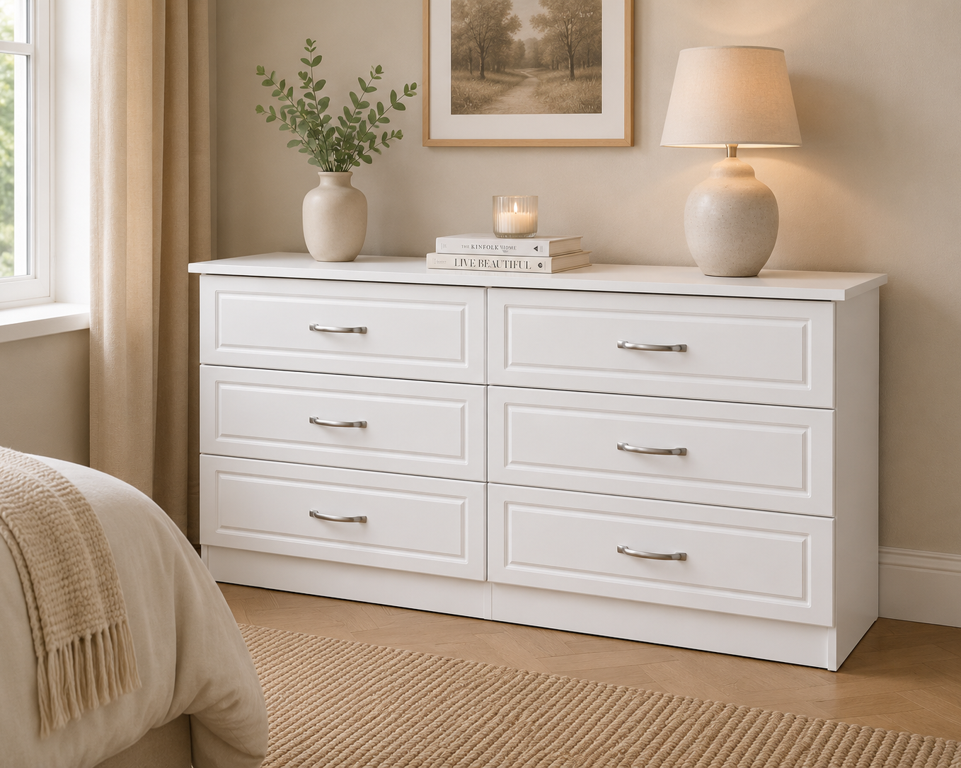 Slaney White Six Drawer Wide Chest