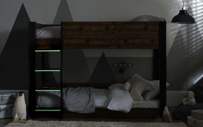 Solomon Bunk Bed - Rustic Wood & Black Finish with Glow-in-the-Dark Steps | Stylish & Safe
