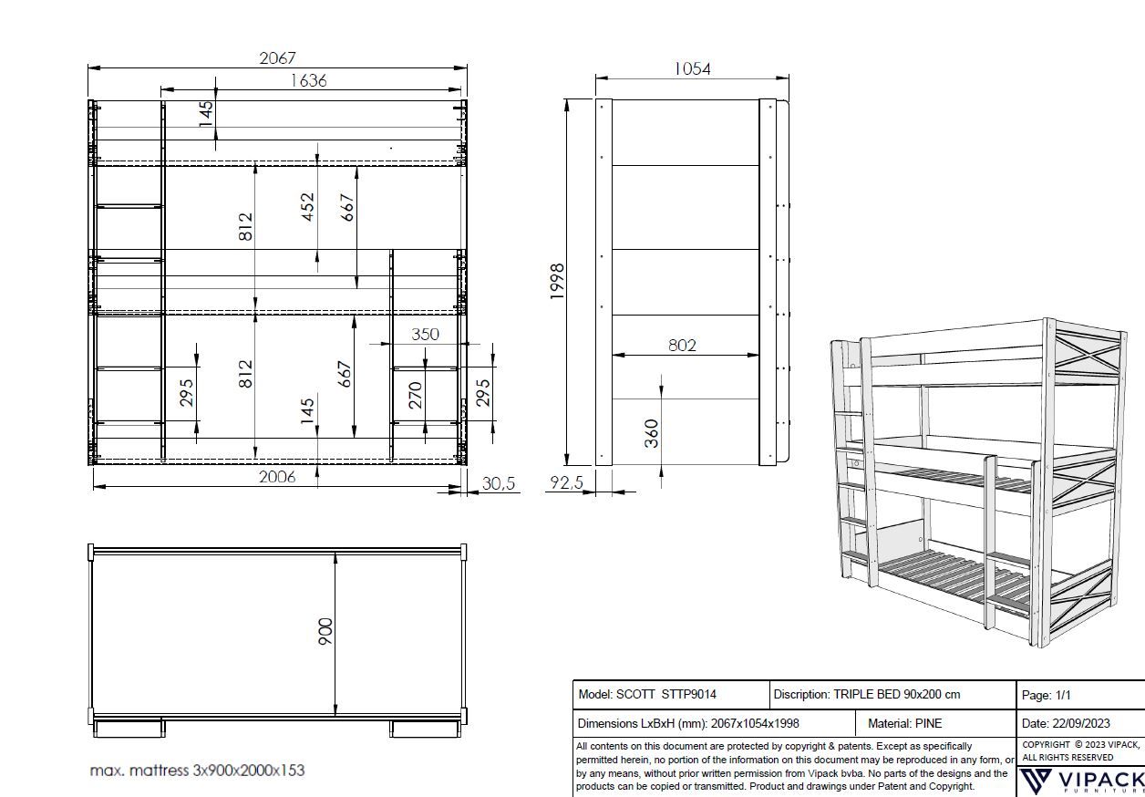 SCOTT Triple Bunk Bed 90 x 200 cm in White – Stylish FSC-Certified Pine