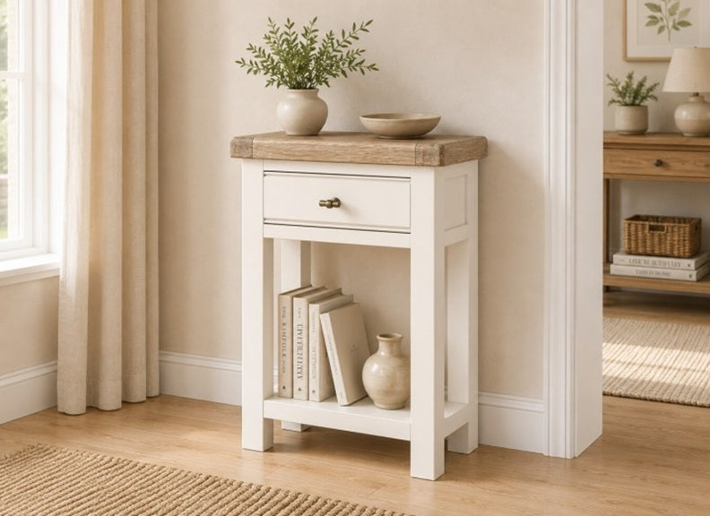 Windsor Telephone Table With Drawer - Rustic Country Style Occasional Furniture With A Coconut White Frame & Oak Top – (GLH)