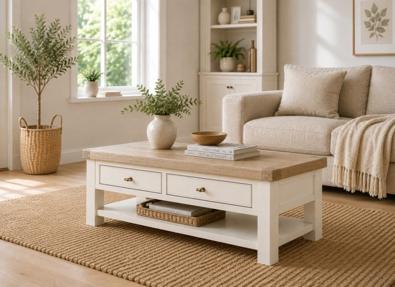Windsor Coffee Table With Drawers - Rustic Country Style Occasional Furniture With A Coconut White Frame & Oak Top – (GLH)