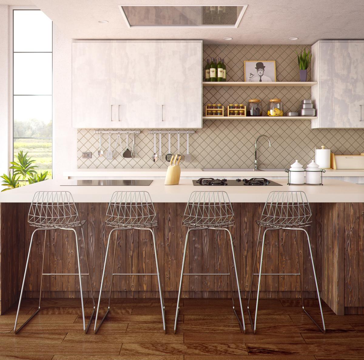 Modern kitchen with a wooden island, white cabinetry, open shelving, and four metal bar stools arranged along the counter.