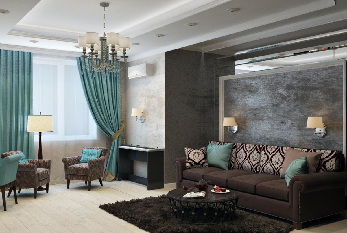 Elegant living room with a dark sofa, patterned cushions, teal curtains, armchairs, chandelier lighting, and a round coffee table in a stylish, modern interior.