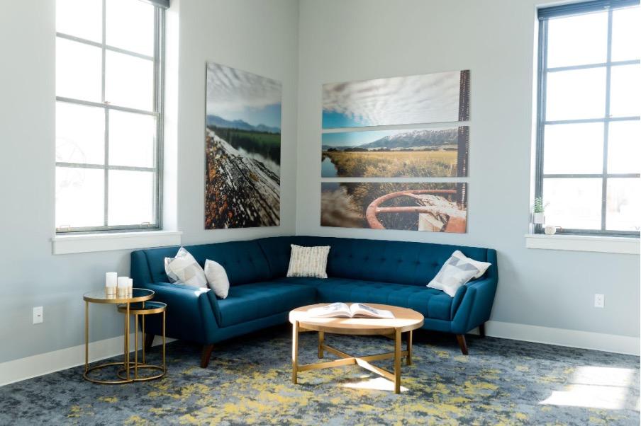 Bright living room with a blue corner sofa, patterned rug, round coffee table, and framed landscape artwork beside large windows.