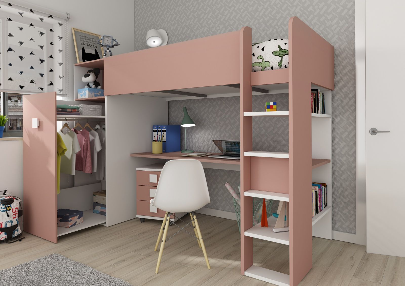 Jules High Sleeper with Wardrobe Antique Pink