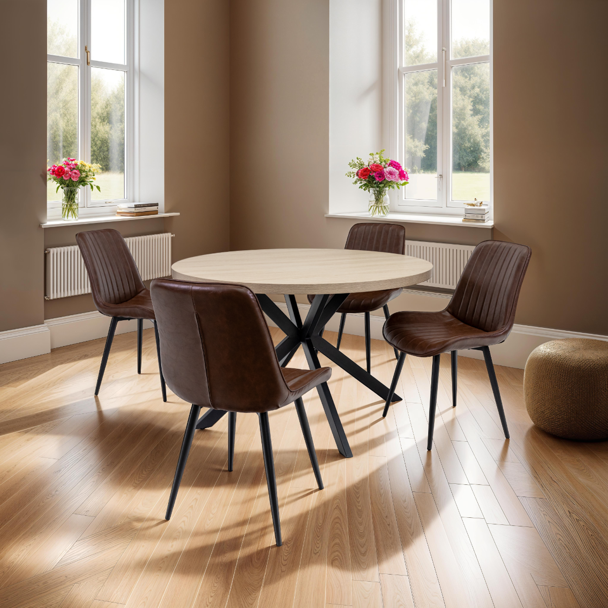 Dalton Light Oak Round Dining Tables – Contemporary Design with Black X-Frame Base