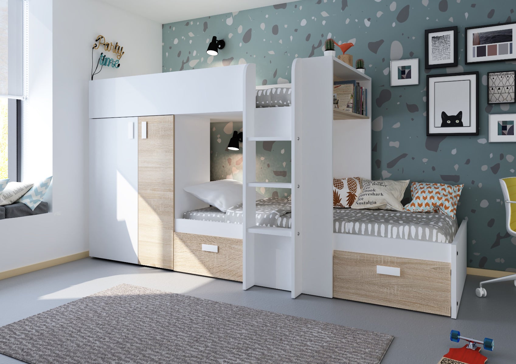 Trasman Barca White & Oak Bunk Bed W/Furniture