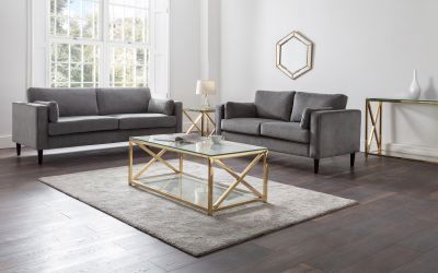 Miami Coffee Table – Gold with Tempered Glass and Art Deco Cross Frame Design
