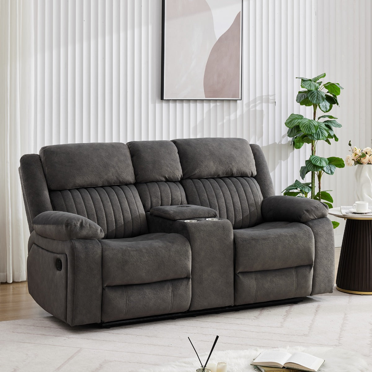 Morgan 2 Seater Recliner with Console – Iron Fabric with Pocket Sprung Seats