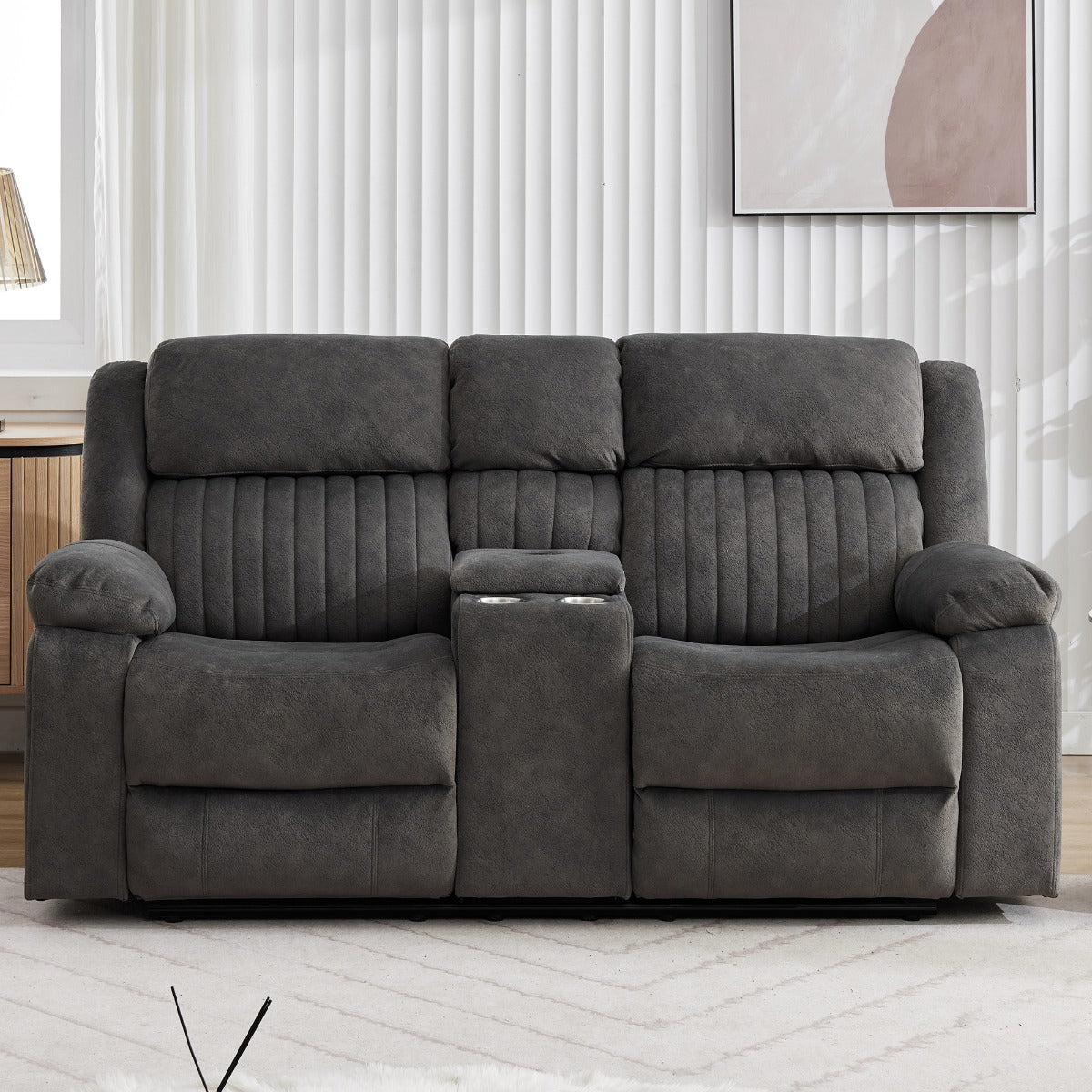Morgan 2 Seater Recliner with Console – Iron Fabric with Pocket Sprung Seats