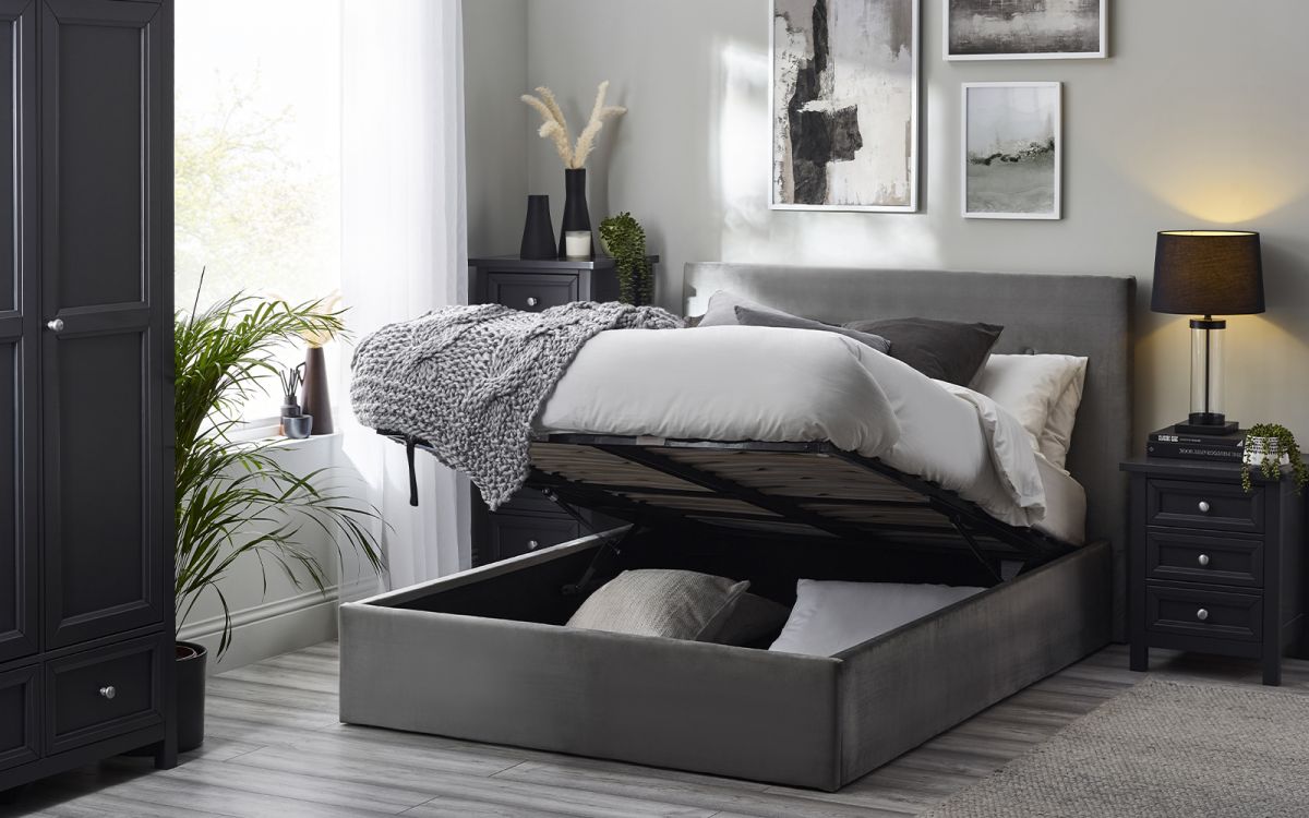 Shoreditch High Headboard Lift-Up Storage Bed 135cm | Luxurious Slate Grey Velvet with Ample Storage
