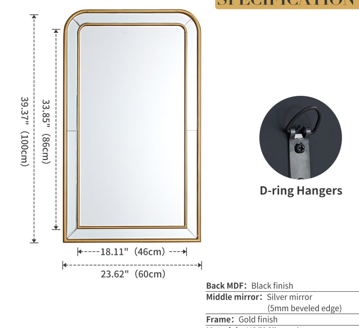 GD006 Mirror – Arched 100x60 cm with Gold Border
