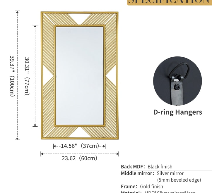GD015 Mirror – 100x60cm Rectangular Design with Golden Bars