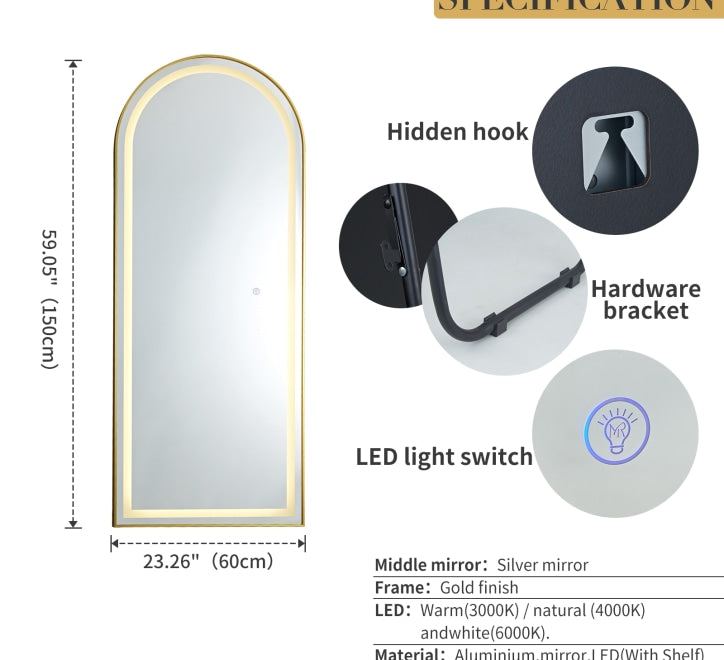 GD017 LED Mirror – Arched Design 150x60 cm with Colour-Changing Touch Switch