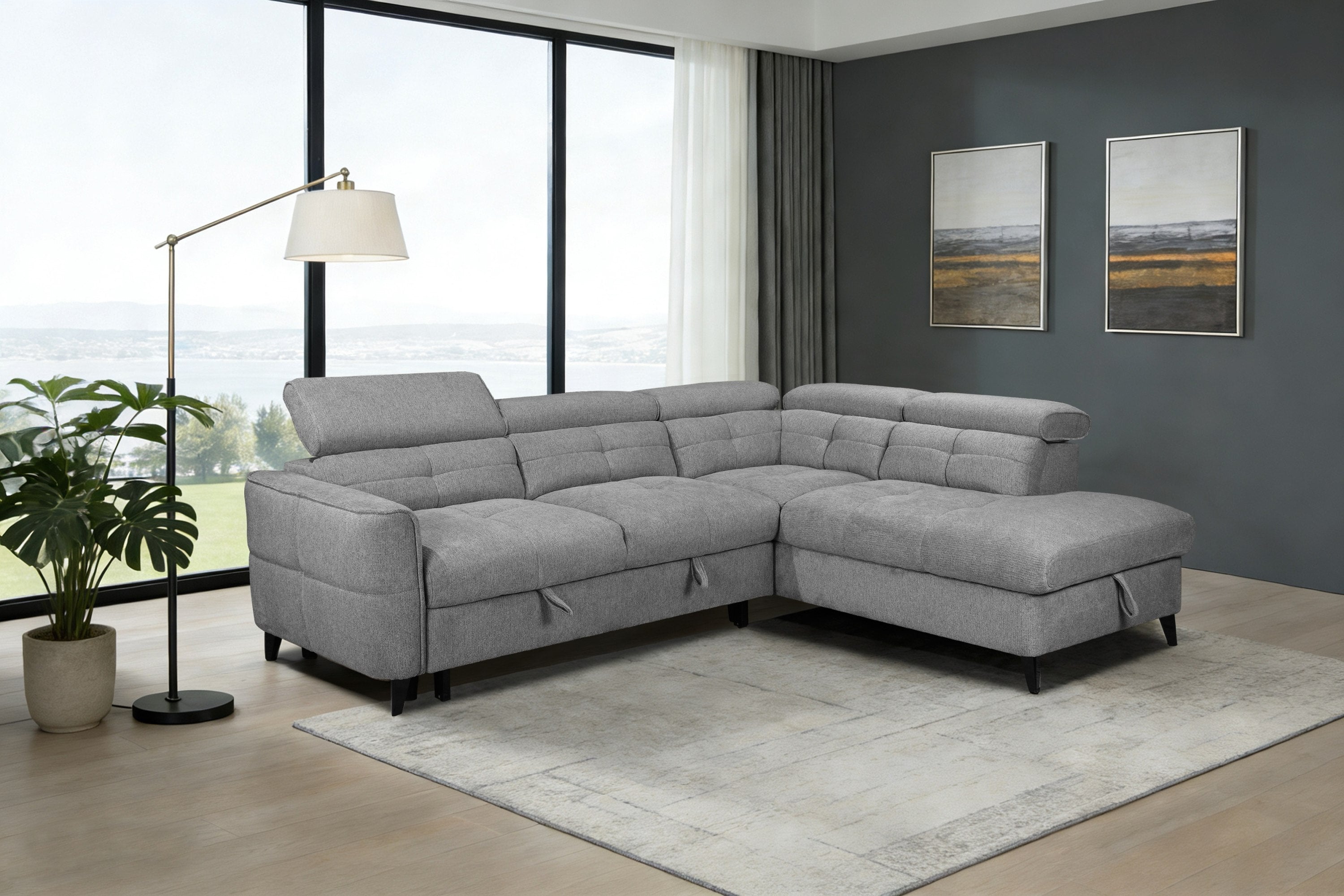 Sophie Corner Sofa – Grey Fabric with Adjustable Headrests