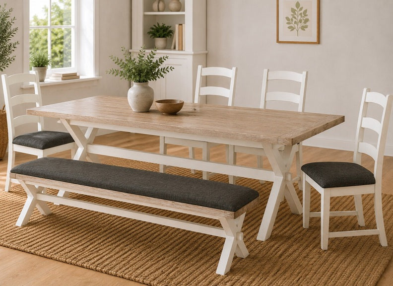 Windsor Cross Bench In Coconut White Frames & Oak Tops – Rustic Country Style Furniture (GLH)