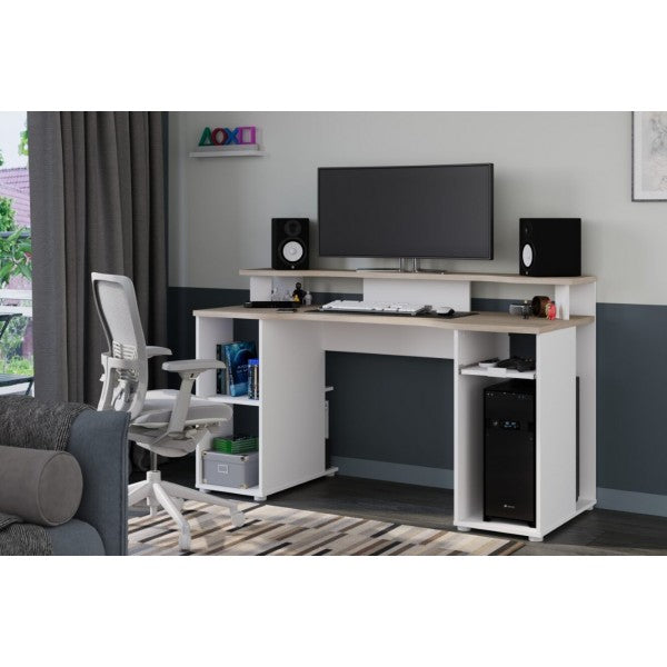 Level Gaming Desk - White and Oak