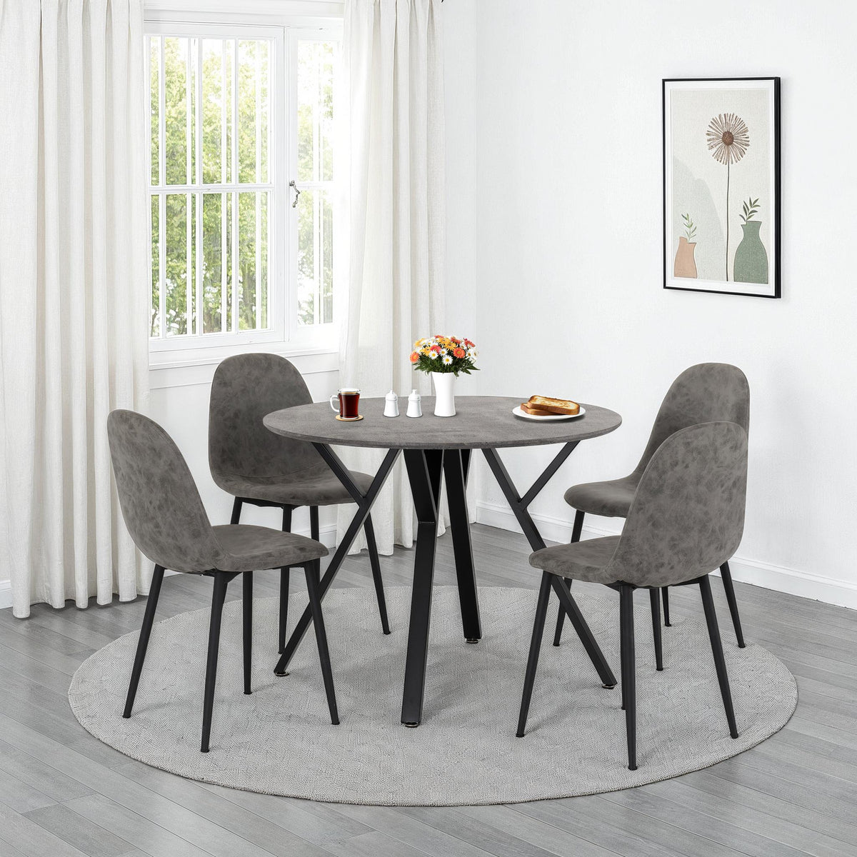 Athens Round Dining Set Concrete Effect/Black/Grey Faux Leather