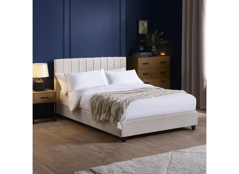 Aylen Cream Fabric Bed Frame with Cushioned Vertical Lined Headboard – Modern Upholstered Fabric Bed