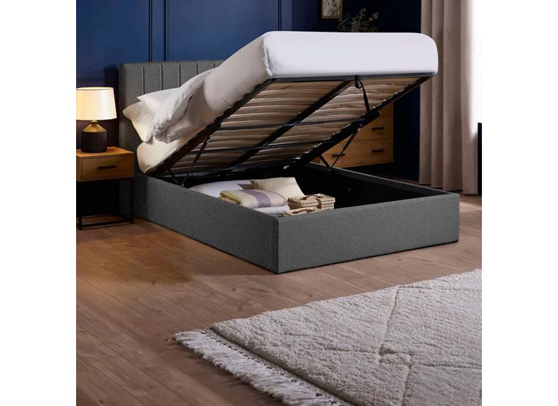 Aylen Storage Bed In Dark Grey Faux Linen Fabric – Modern Upholstered Bed With Vertically Lined Headboard