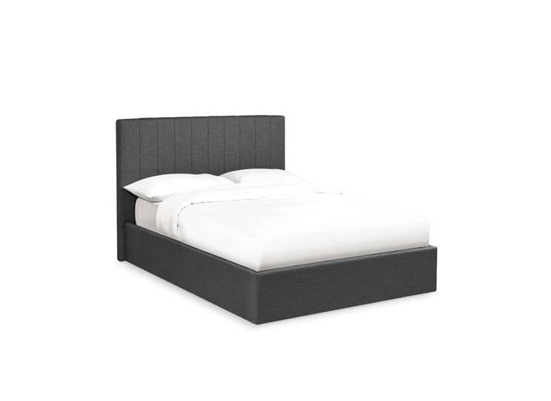Aylen Storage Bed In Dark Grey Faux Linen Fabric – Modern Upholstered Bed With Vertically Lined Headboard