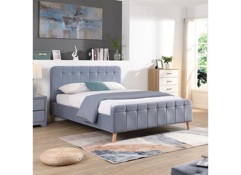 Ashley Sky Blue Fabric Bed With Fabric Stud Headboard