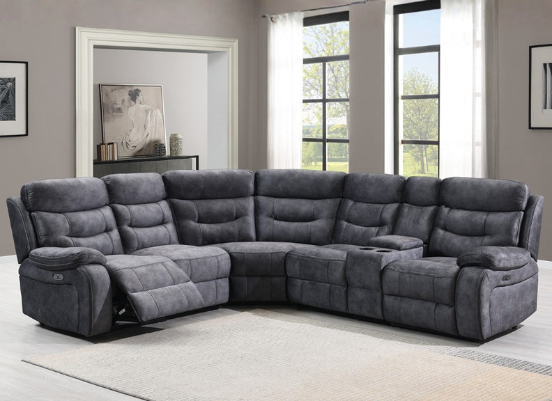 Carrie Grey Velvet Sectional W/Console & Power Option (LAF,ARM,WED,ARM,CON,RAF)