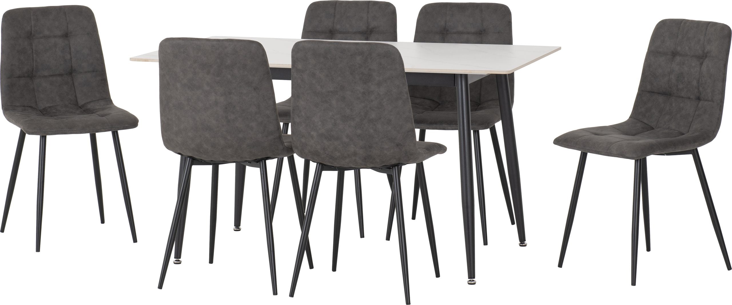 FENTON DINING SET (X6 CHAIRS) - WHITE/DARK GREY SUEDE FABRIC