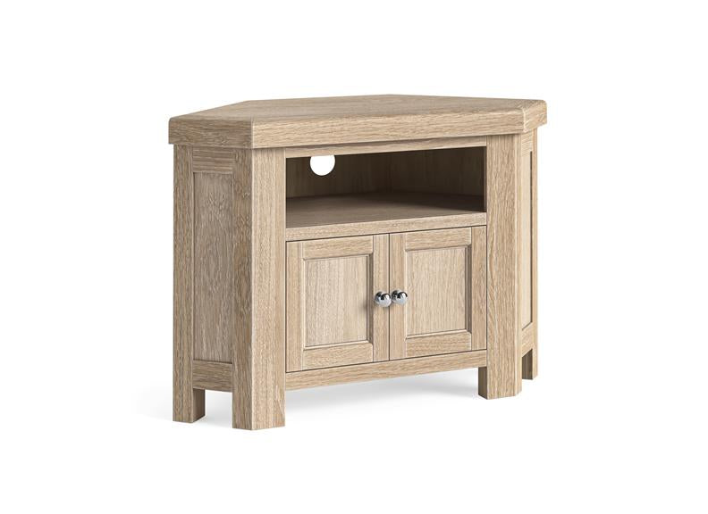 Normandy Corner TV Unit | Solid Oak With Whitewashed Finish