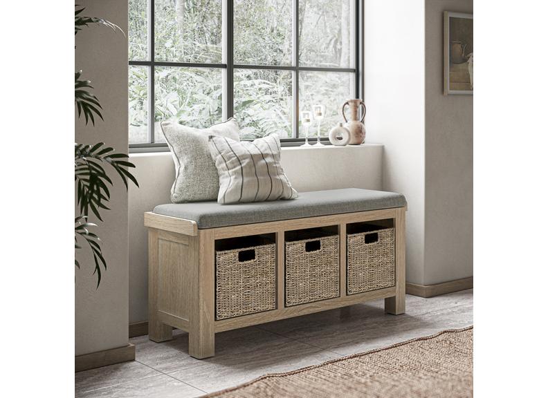 Normandy Storage Bench | Oak Storage Bench With Whitewashed Finish & Cushion Option