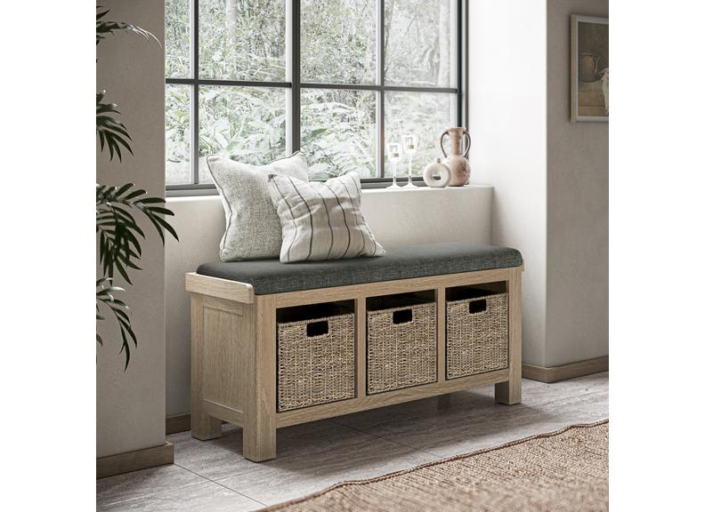 Normandy Storage Bench | Oak Storage Bench With Whitewashed Finish & Cushion Option