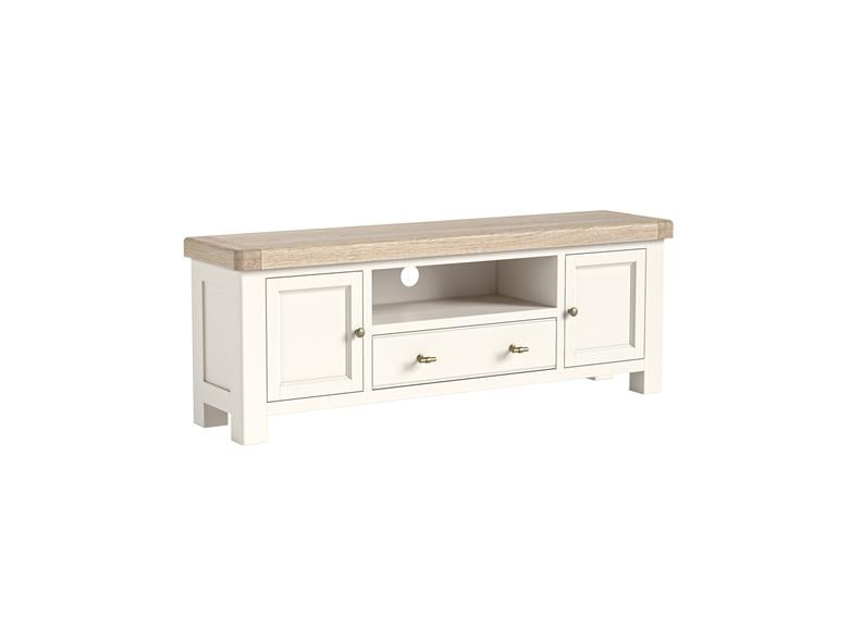 Windsor 1.6 m Rectangular TV Stand - Rustic Country Style Occasional Furniture With A Coconut White Frame & Oak Top –  (GLH)