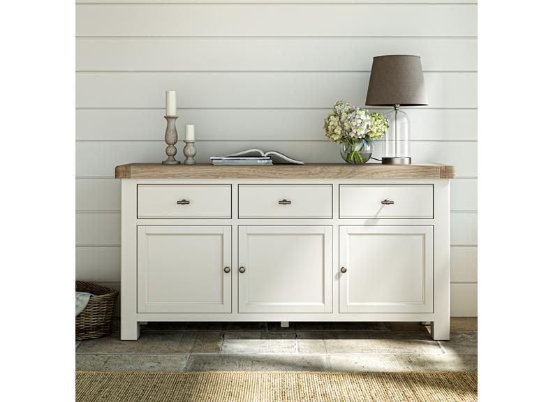 Windsor Large Sideboard - Rustic Country Style Occasional Furniture With A Coconut White Frame & Oak Top –  (GLH)