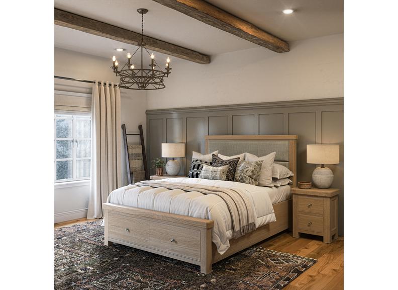 Normandy Bed Frame | Grey Fabric Headboard With In A Whitewashed Finish