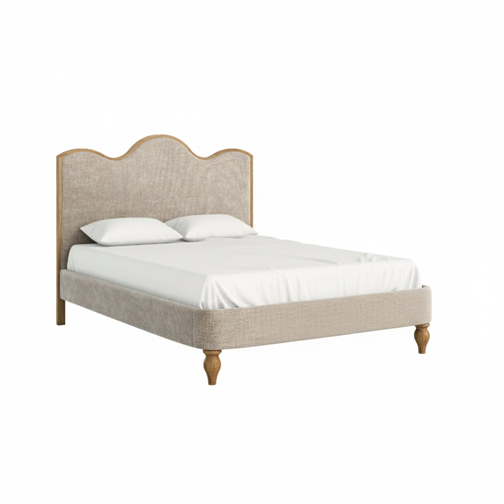 Verona 5' Upholstered Bed Frame – Oatmeal Fabric with Curved Headboard