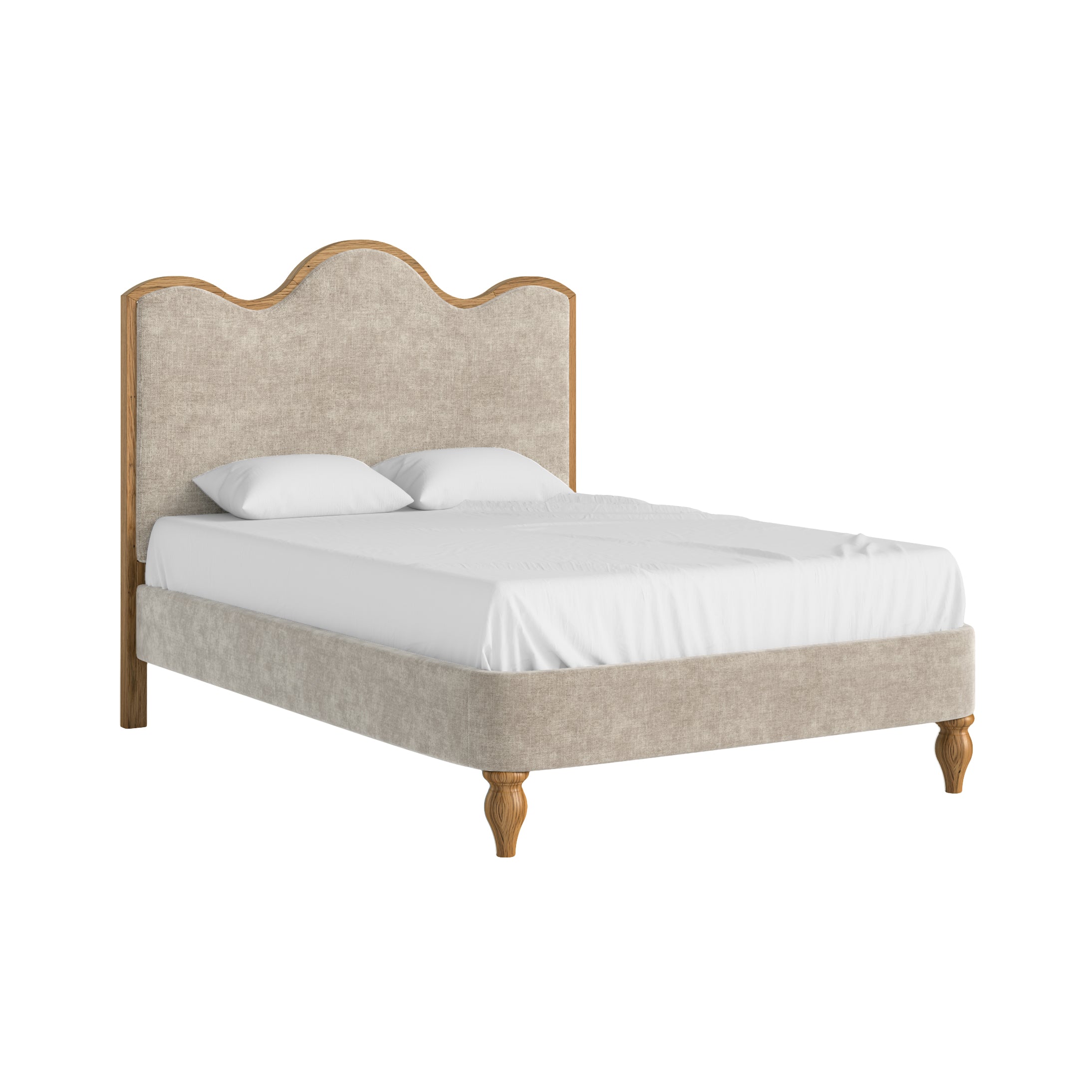 Verona Bed 4'6 – Upholstered Oatmeal Frame with Curved Headboard