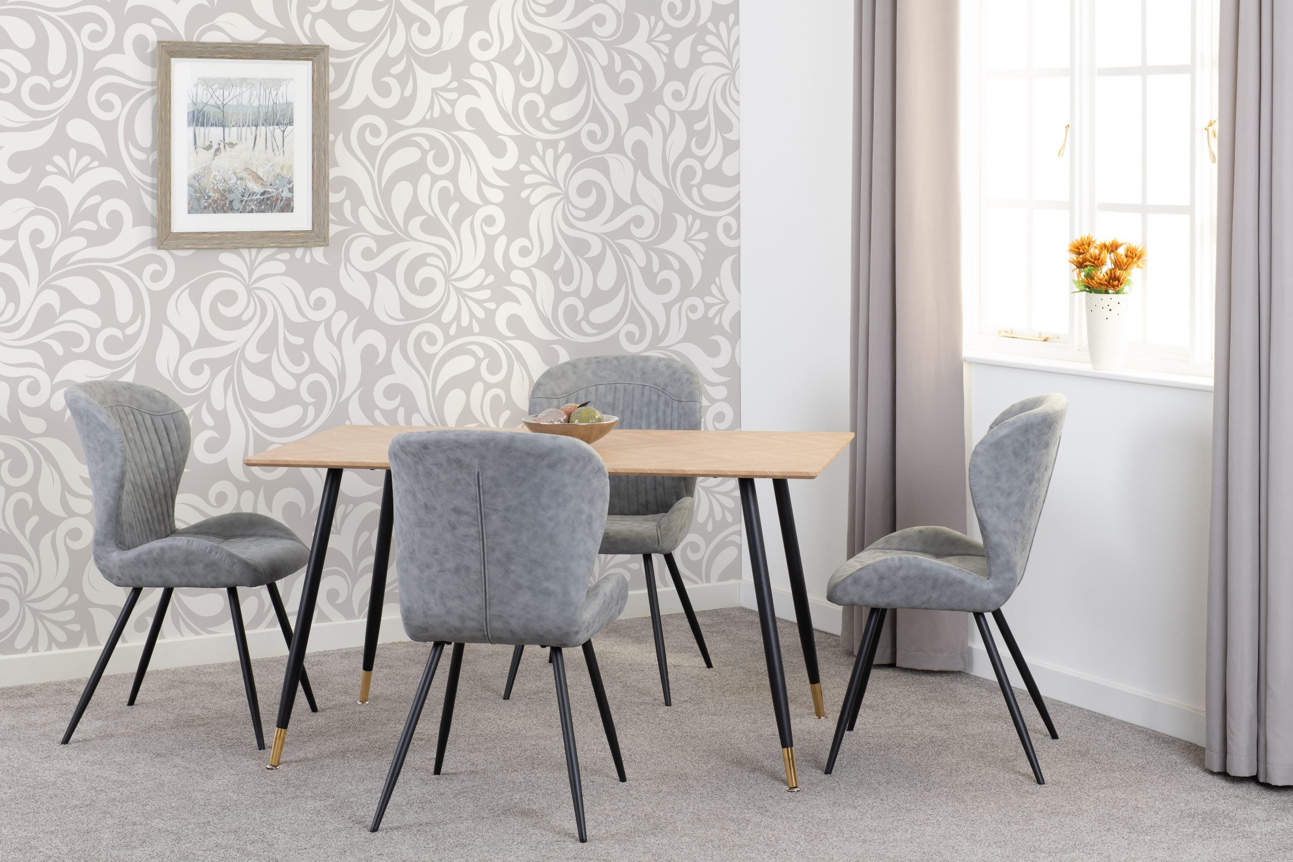 Hamilton Medium Dining Set with Quebec Chairs Medium Oak Effect/Black/Grey Faux Leather