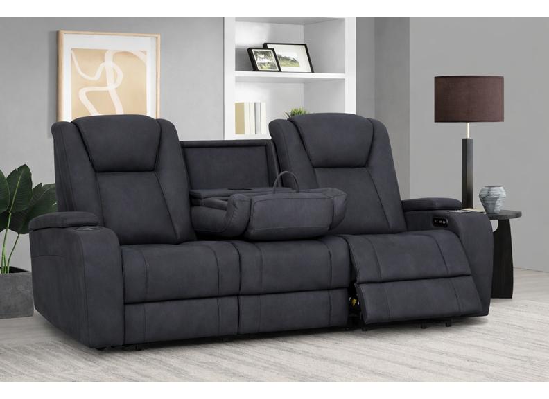 Jesse Graphite Fabric Powered Reclining 3 Seat Sofa with Drop-Down Tray