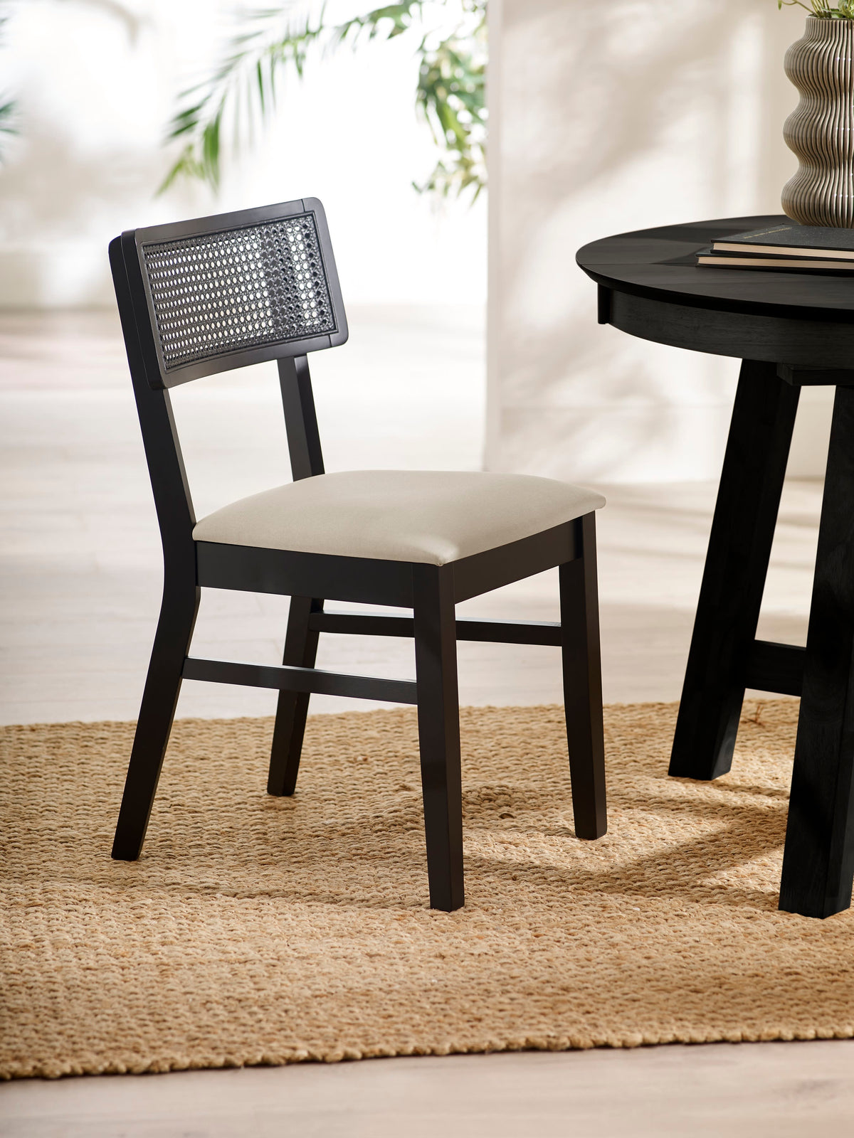 Annika Set of 2 Satin Black Natural Fabric Rattan Back Dining Chairs
