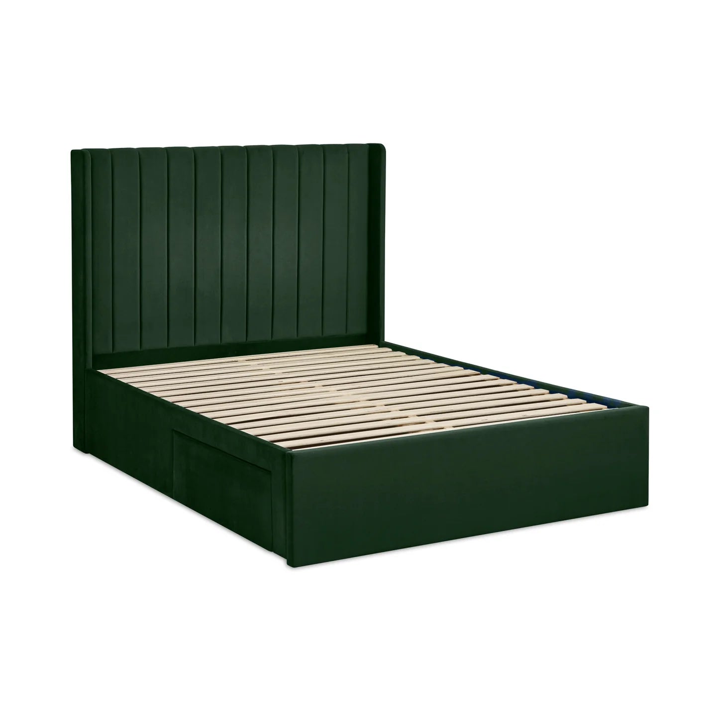 Leila Bottle Green Fabric Bed with Winged Headboard & Underbed Storage