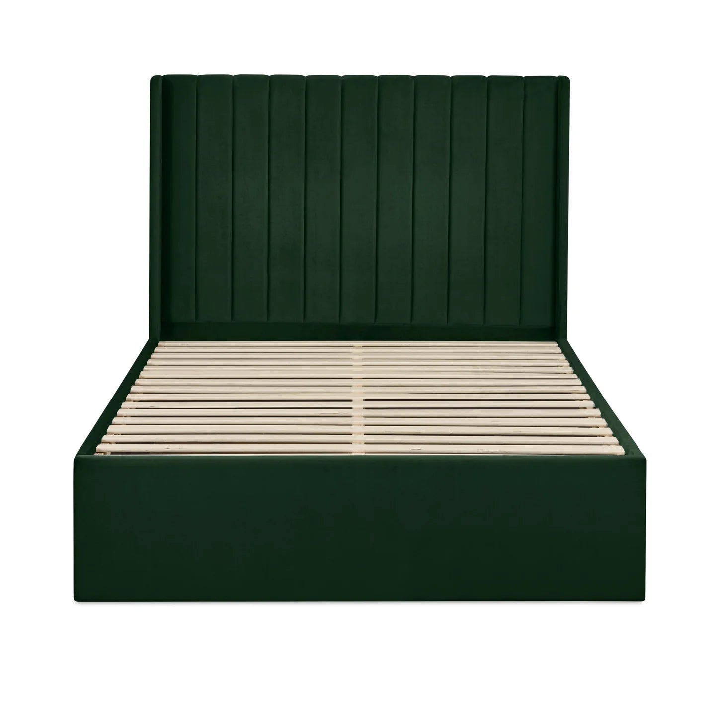 Leila Bottle Green Fabric Bed with Winged Headboard & Underbed Storage