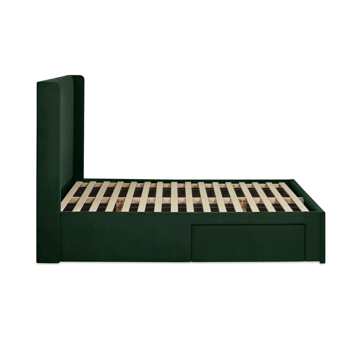 Leila Bottle Green Fabric Bed with Winged Headboard & Underbed Storage
