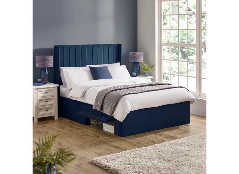 Leila Royal Blue Fabric Bed with Winged Headboard & Underbed Storage